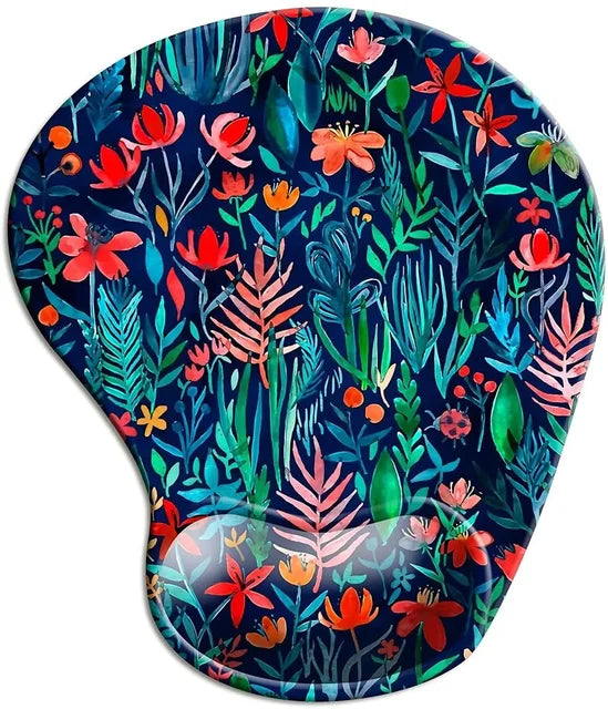 Ergonomic mouse pad wrist rest with dark blue tropical foliage and multicolor blossoms
