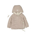 Light pink hooded baby jacket with allover brown print, long sleeves and elastic cuffs