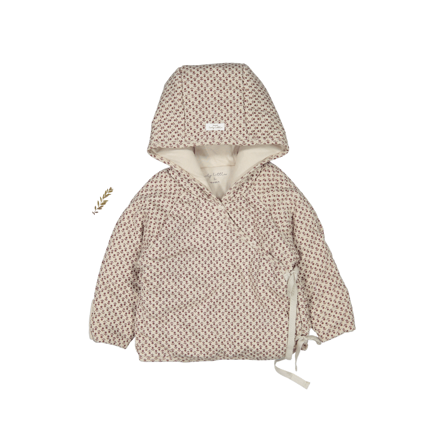 Light pink hooded baby jacket with allover brown print, long sleeves and elastic cuffs