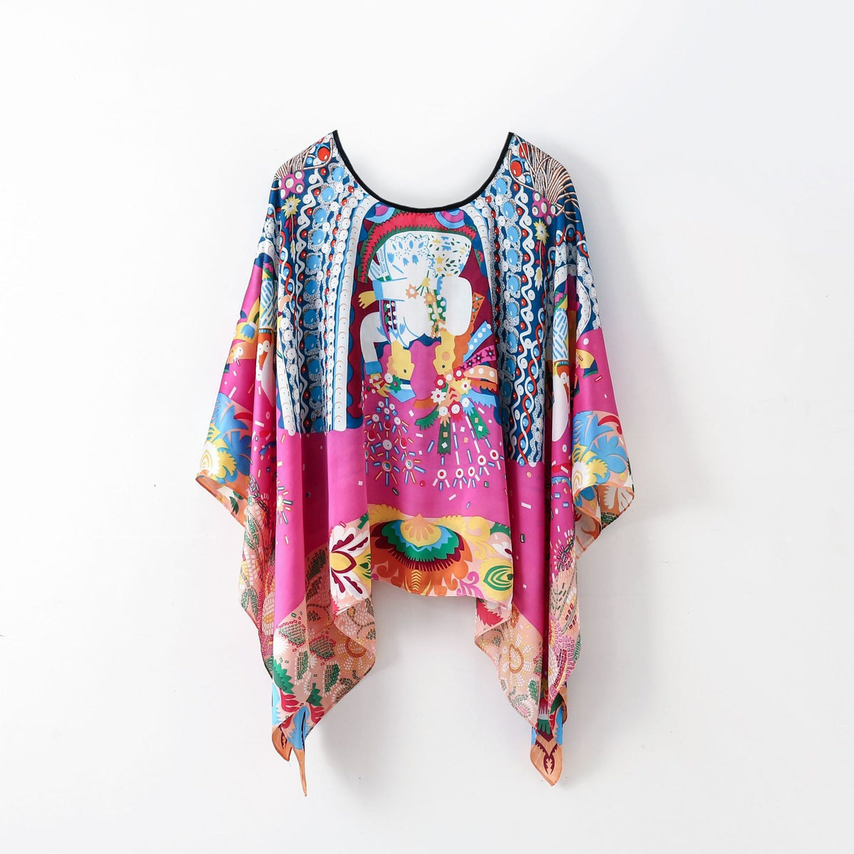 Multicolor printed pullover shawl cover-up with pink center panel and scalloped hem