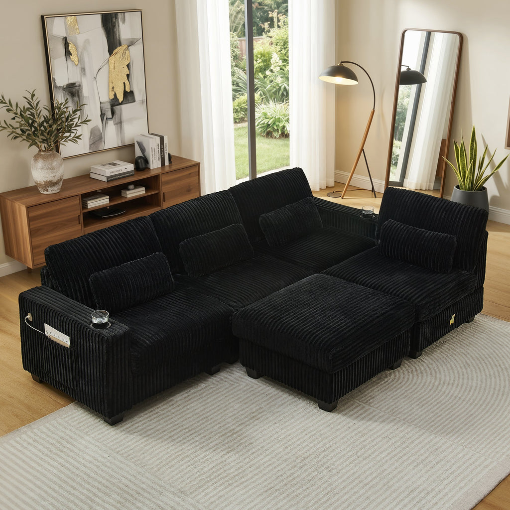 Black corduroy modular sectional sofa with corner seat and chaise ottoman