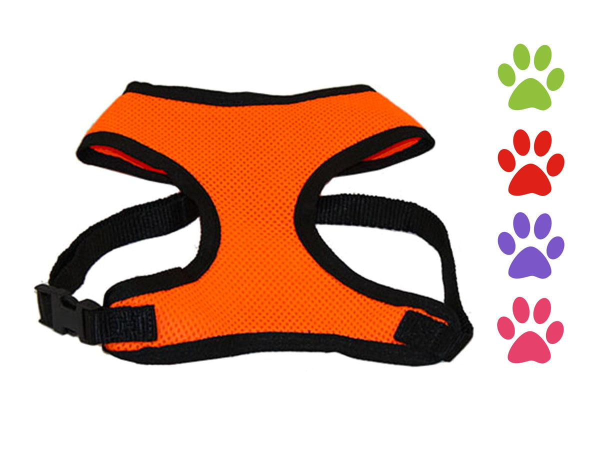 Orange and black mesh dog harness with cutout chest padding