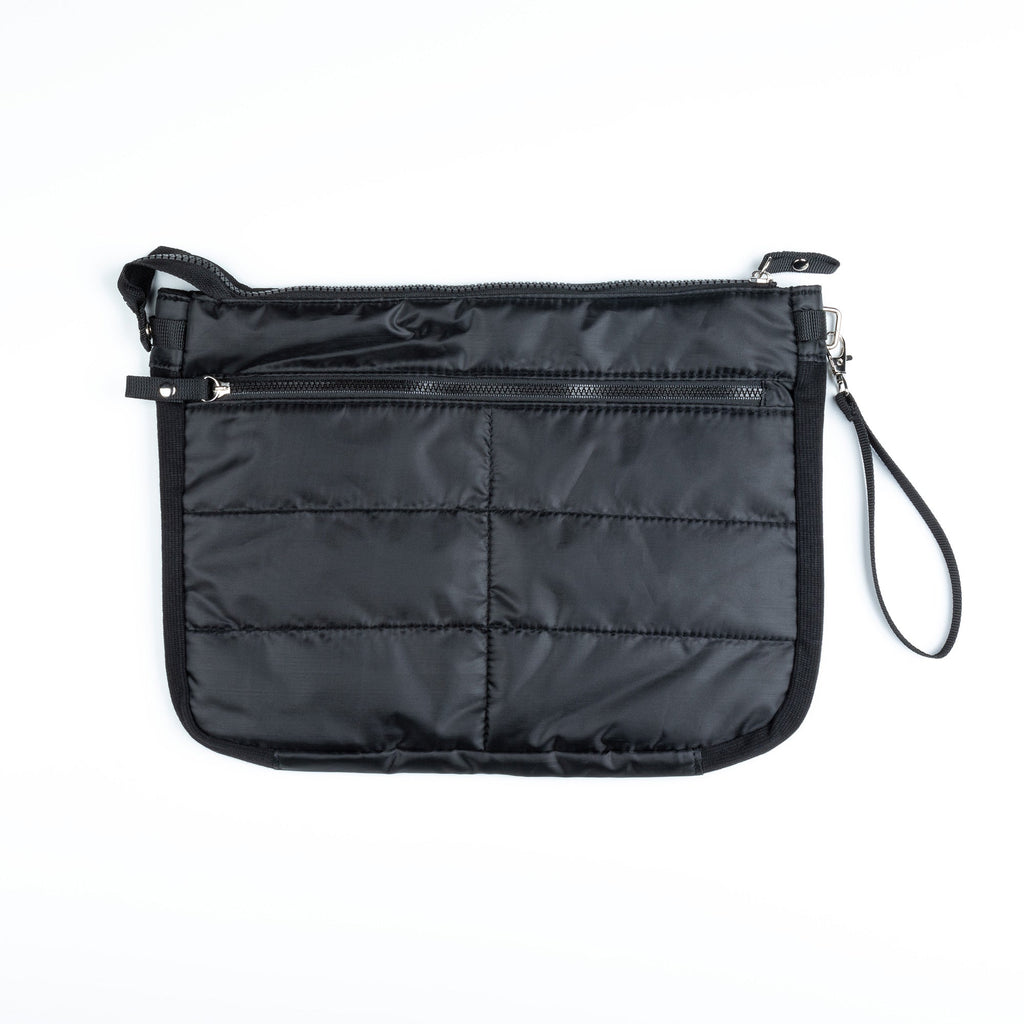 Black quilted tablet carrying case back view with full-length zipper and wrist strap