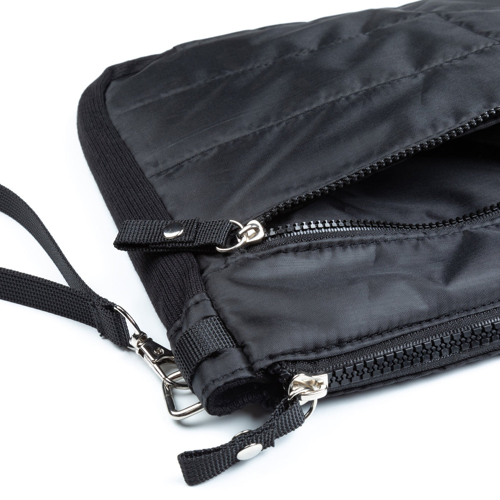 Black puffer tablet case close-up of zipper, metal rings, and webbing strap