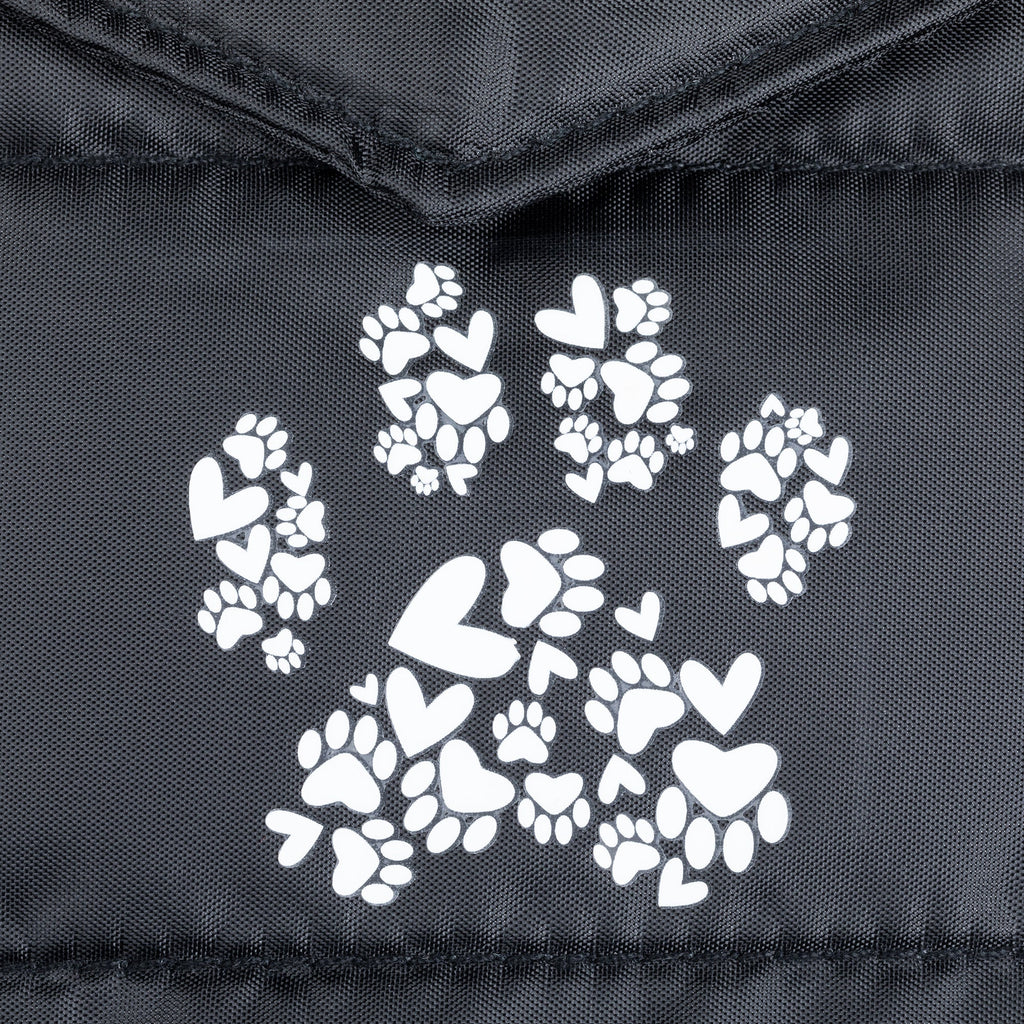Black fabric panel with white paw prints and heart icons, stitched edge trim