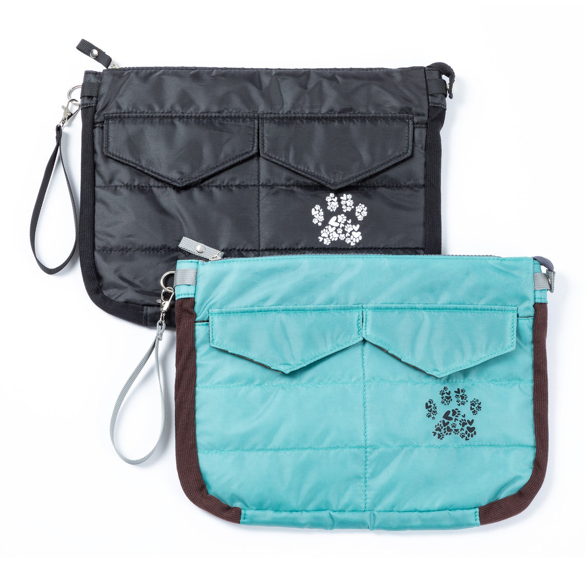 Black quilted tablet carrying case with paw print applique and zip front pocket