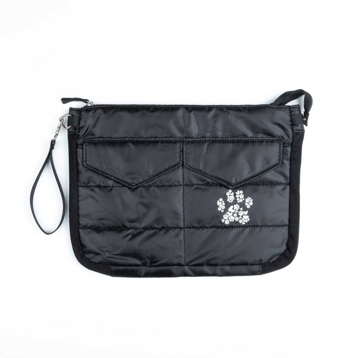 Black quilted tablet carrying case with paw print patch and adjustable wrist strap