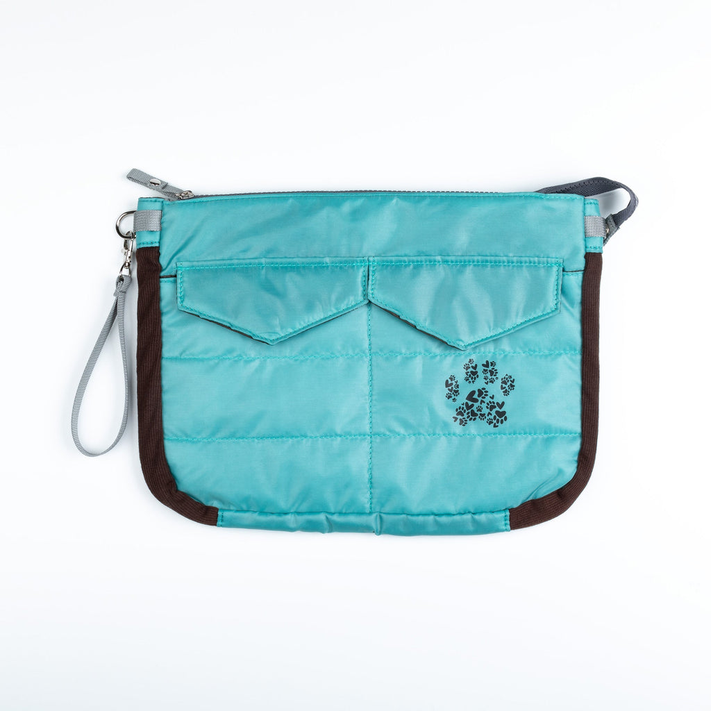 Blue puffer tablet carrying case with front paw print and adjustable wrist strap