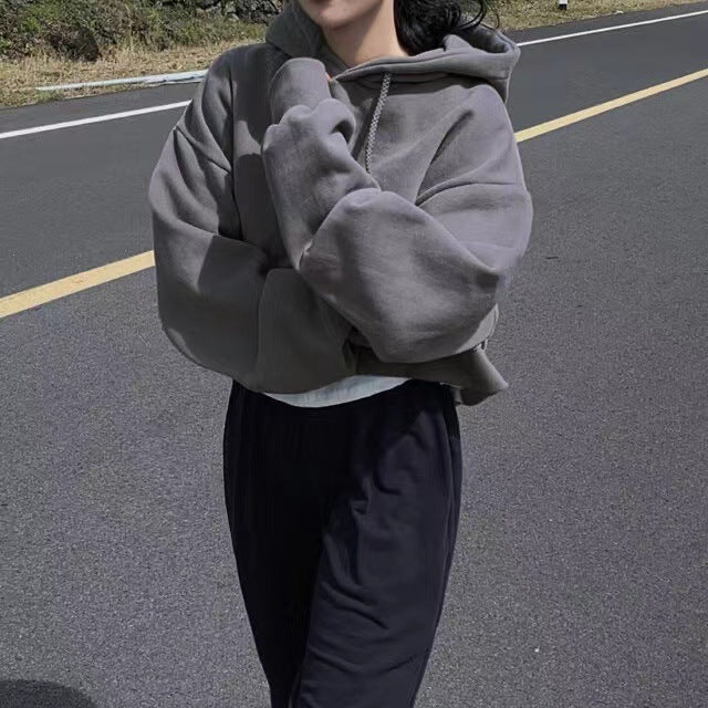 Women's hooded sweater, loose fit, charcoal gray pullover with hood and drawstring