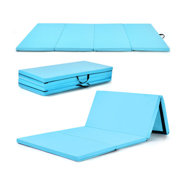 Blue folding gymnastics mat with layered panels and hinge sections