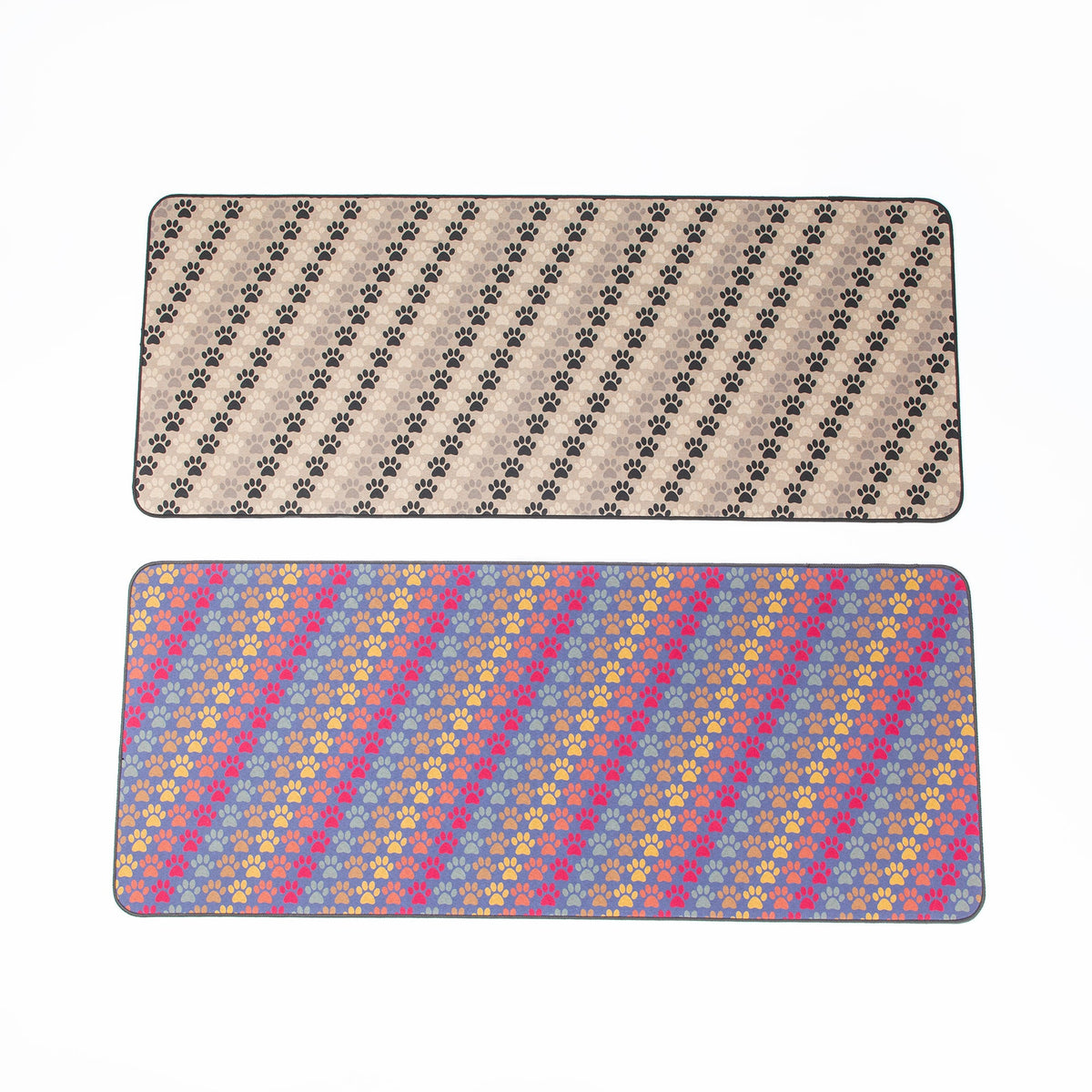 Rectangular floor runner with tan base and black paw print pattern, bordered edges