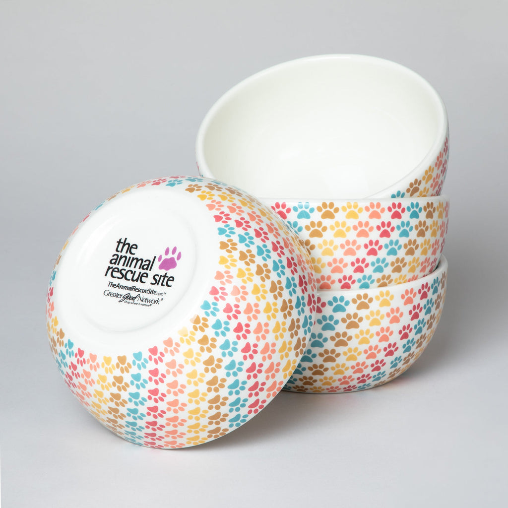 Ceramic paw-print bowl with matching lid, colorful paw-pattern exterior and white inside