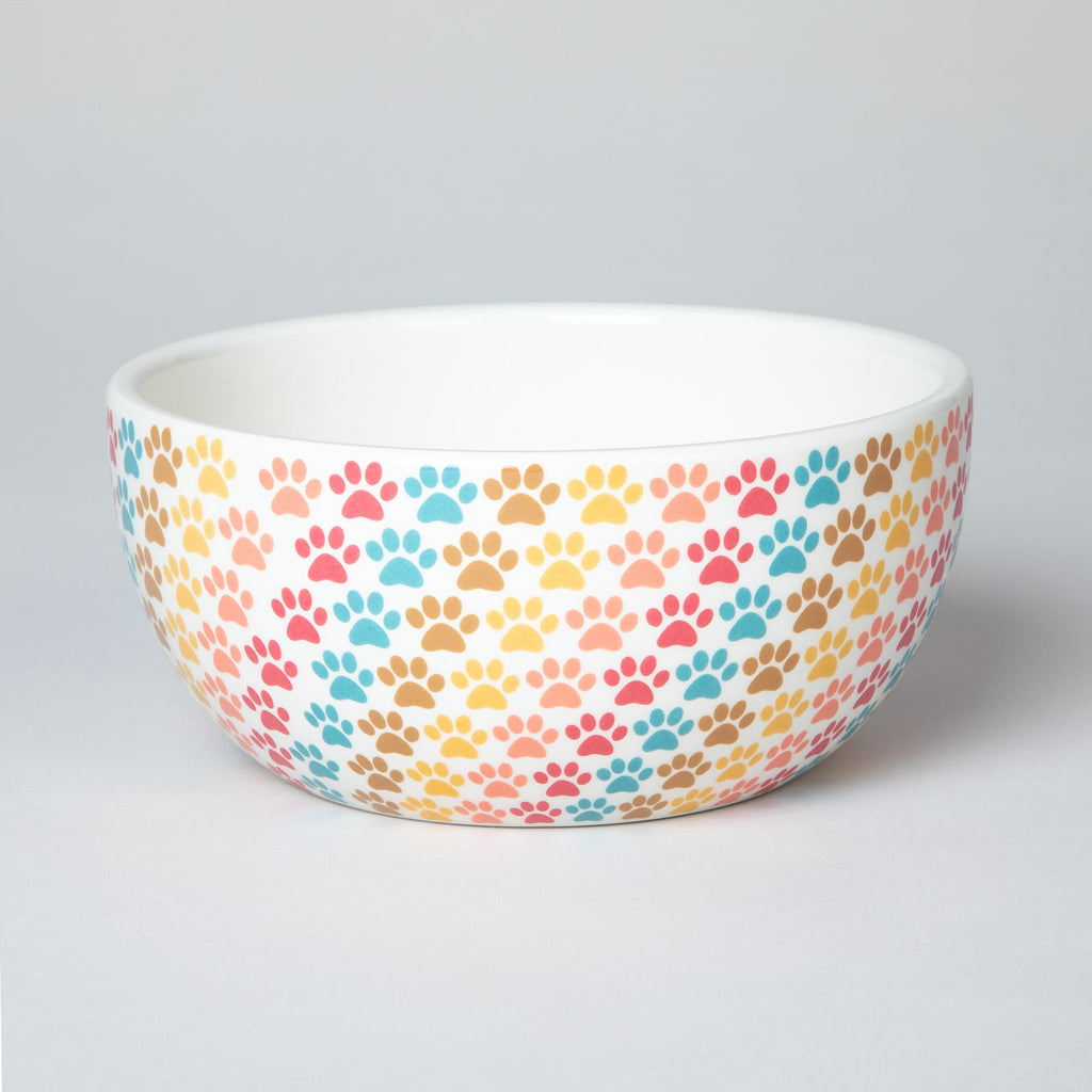 Ceramic paw-print soup bowl in pastel multicolor, smooth white rim and interior