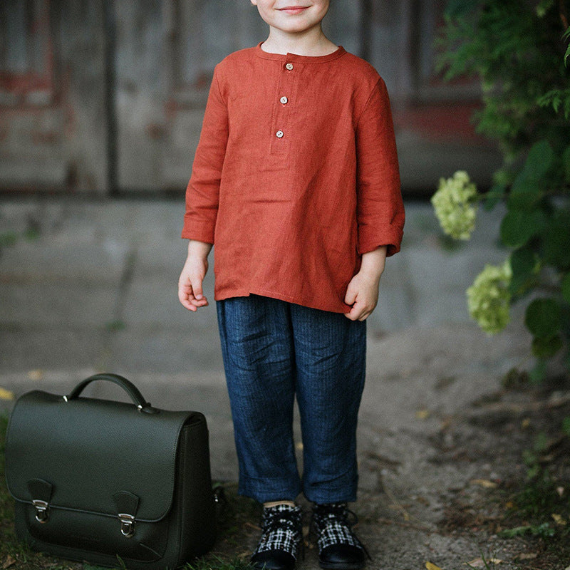 Boys rust-red cotton-linen long-sleeve shirt with half-open collar and button placket
