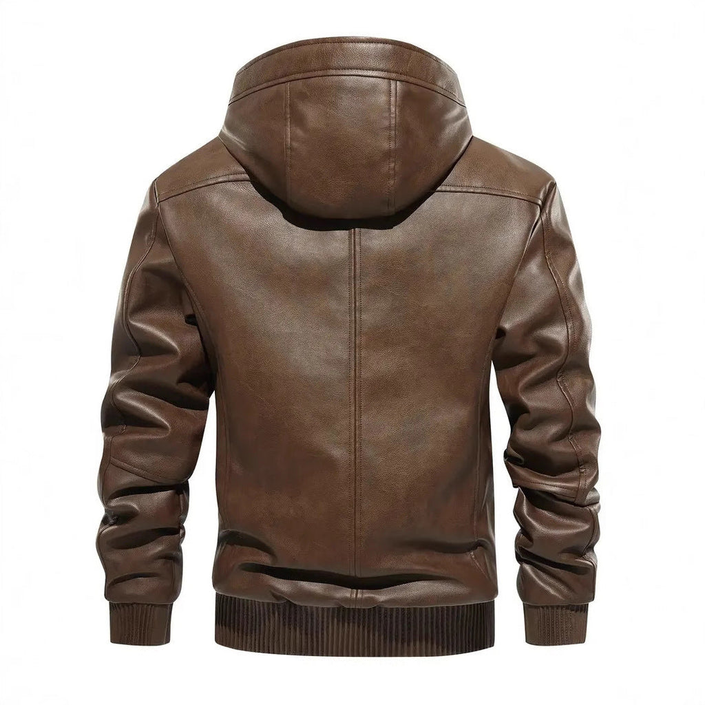 Men's brown hooded leather coat, fleece-lined hood, ribbed hem and cuffs
