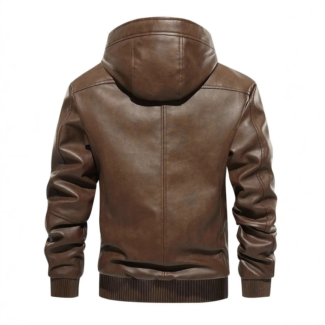 Men's brown hooded leather coat, fleece-lined hood, ribbed hem and cuffs