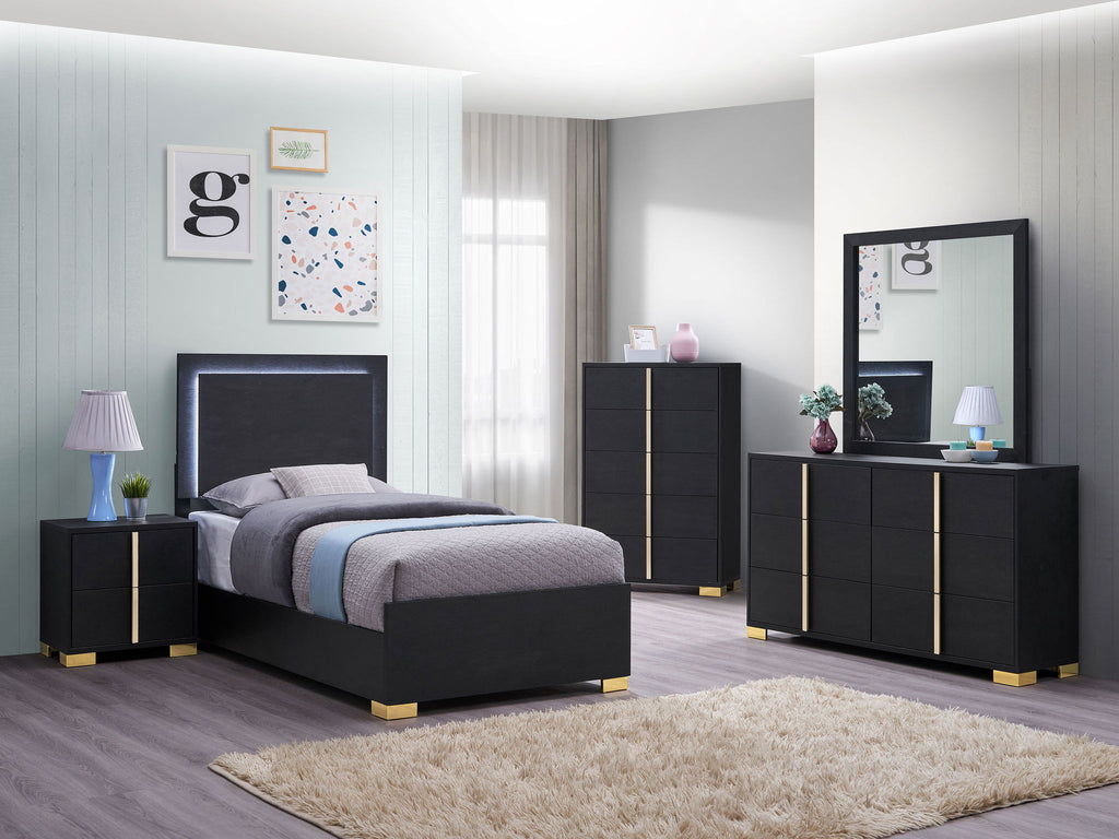Twin bedroom set in black with bed, headboard, dresser, nightstands, and mirror