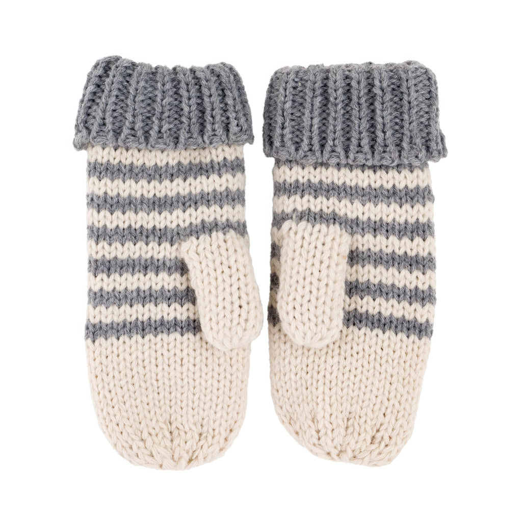 Pair of grey and cream striped knit mittens with solid cuffs