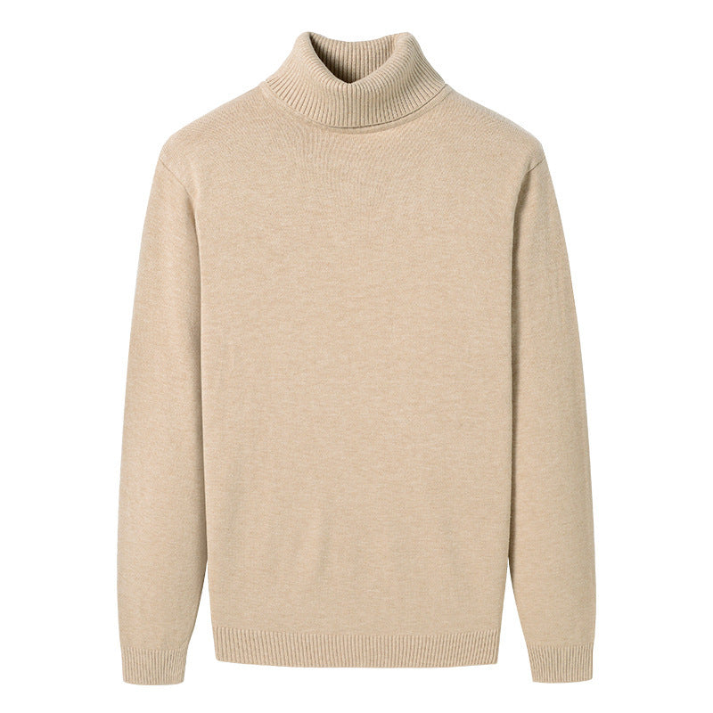 Mens beige turtleneck sweater with ribbed collar and cuffs