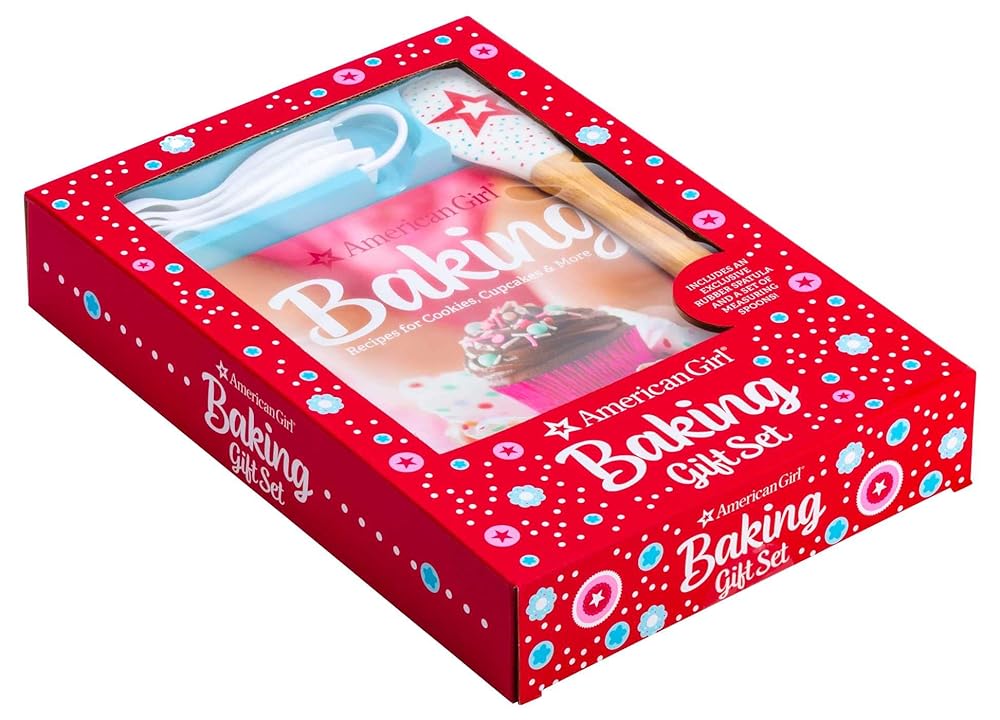 Red baking gift set box with clear window and American Girl logo
