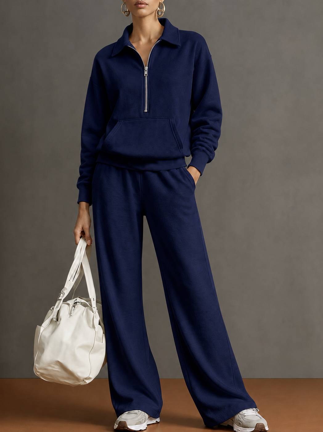 Women’s half-zip sweatshirt and wide-leg pants set, navy blue lounge outfit