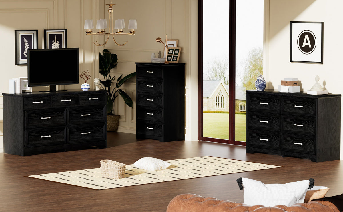 Black multi-drawer dresser with metal pulls and wide top surface for living room use