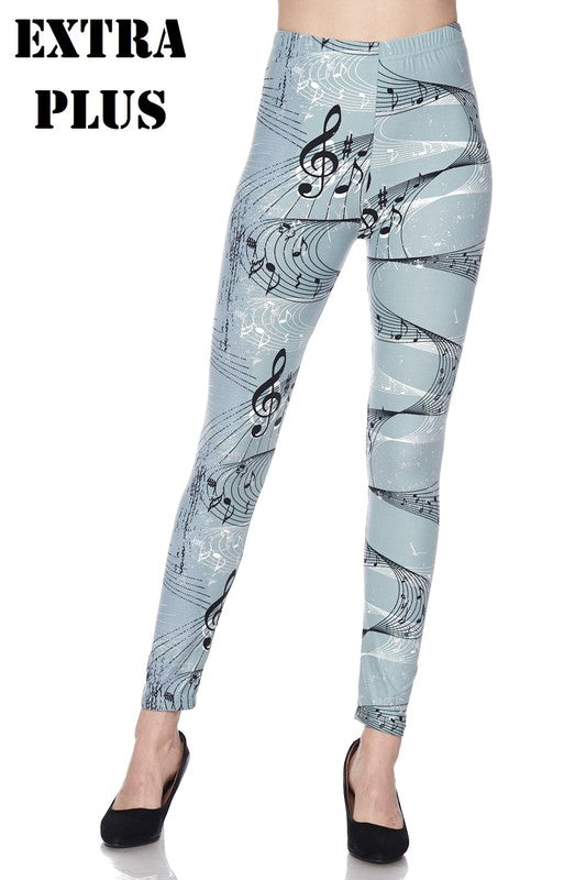 Light blue ankle leggings with brushed fabric and black music note print