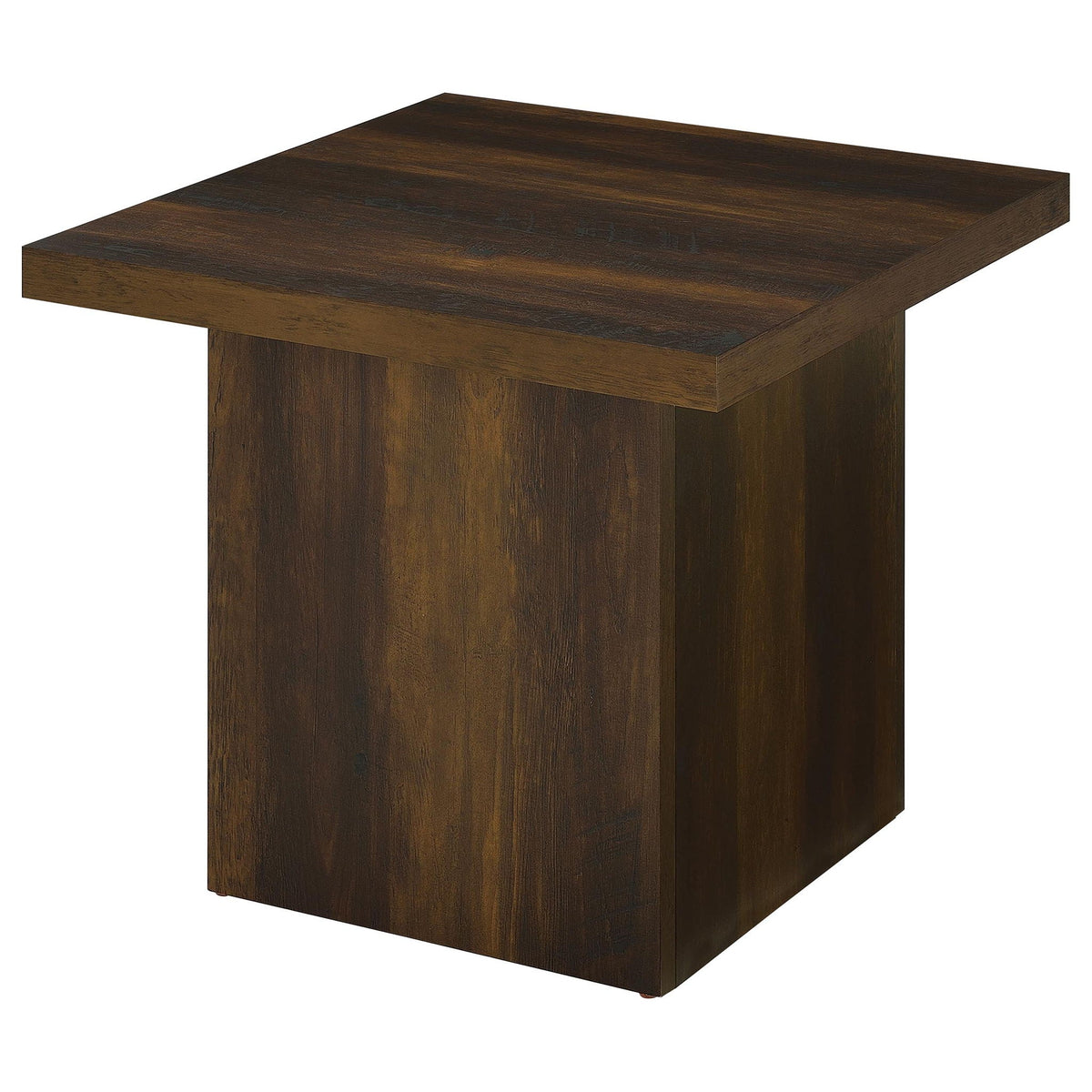 Dark pine square end table with flat top and solid block base, angled view