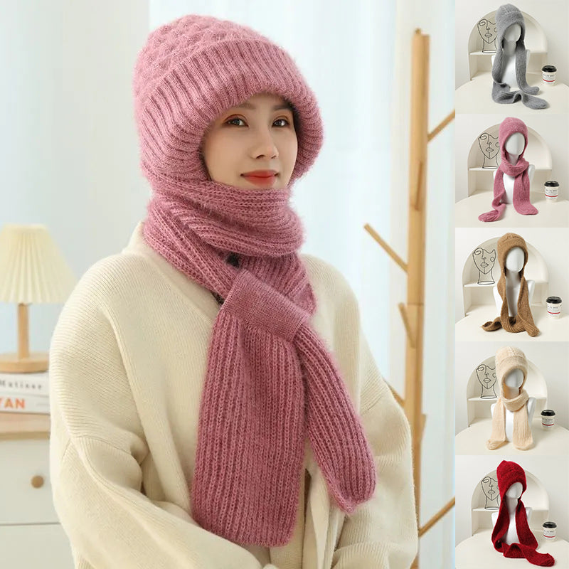 Women’s knit winter hat and scarf set with hood, dusty pink color