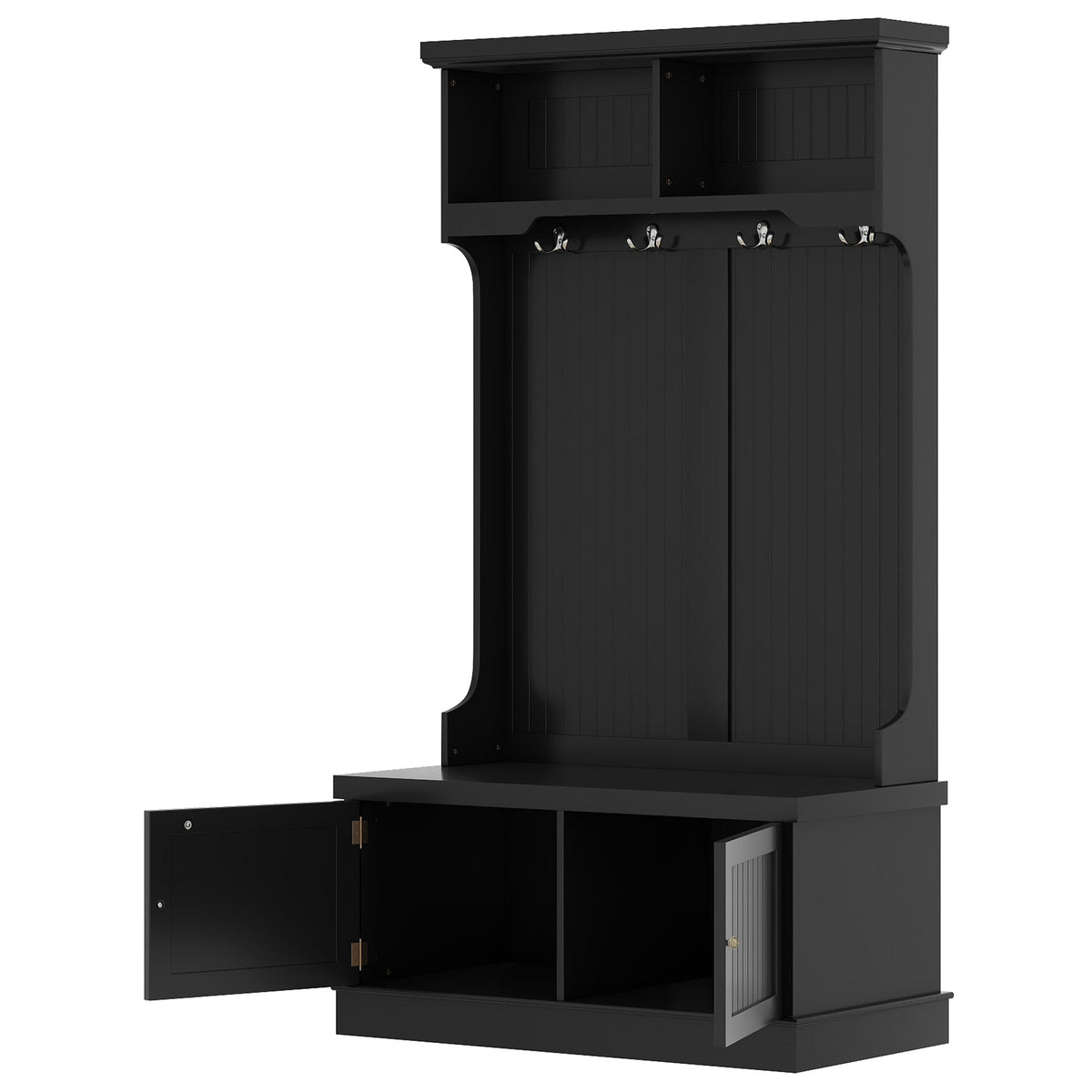 Black hall tree with open shoe bench and right-side door panel; 4 hooks above.