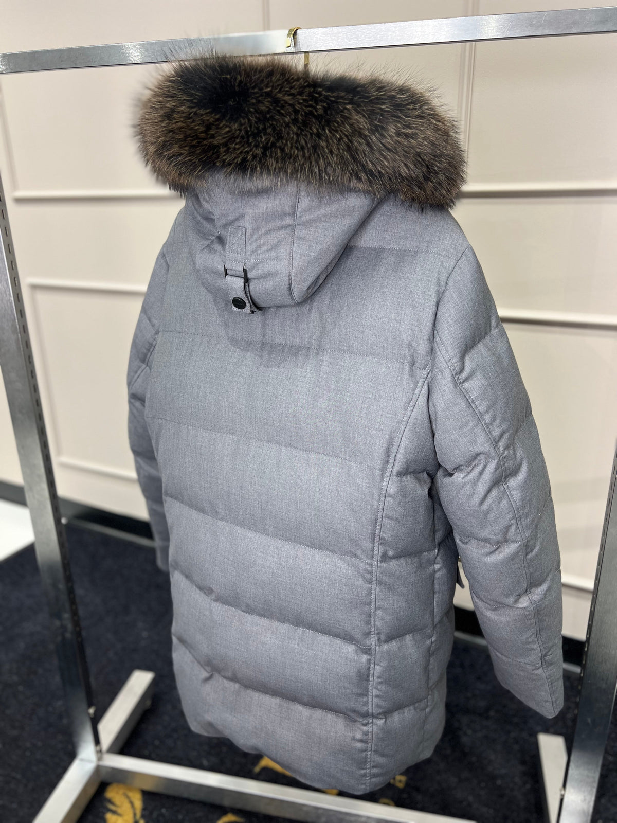 Men's grey puffer coat with genuine fur-trimmed hood