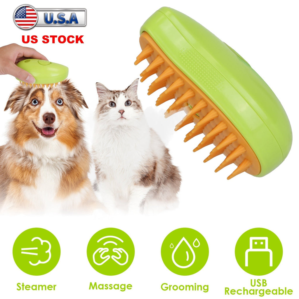 Handheld lime green steam brush with orange bristle comb beside cat and dog