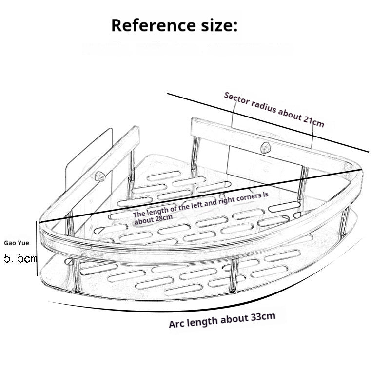 Corner shower rack size diagram with slotted shelves and mounting posts