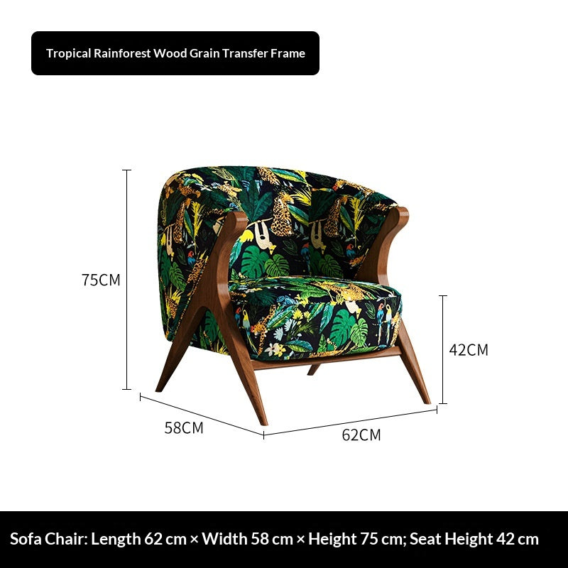 Tropical-print barrel lounge chair with wood frame and curved backrest