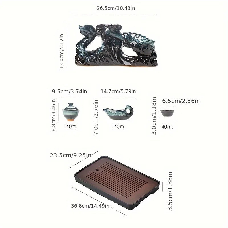 Ceramic dragon teapot set size diagram showing tray, teapot, cups, and spout