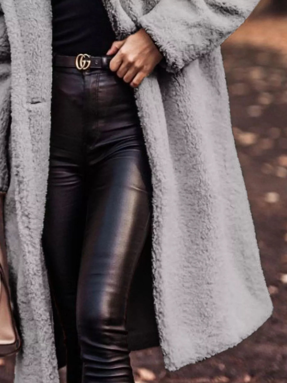 Light gray teddy longline coat with hood, button-front, and soft curly texture
