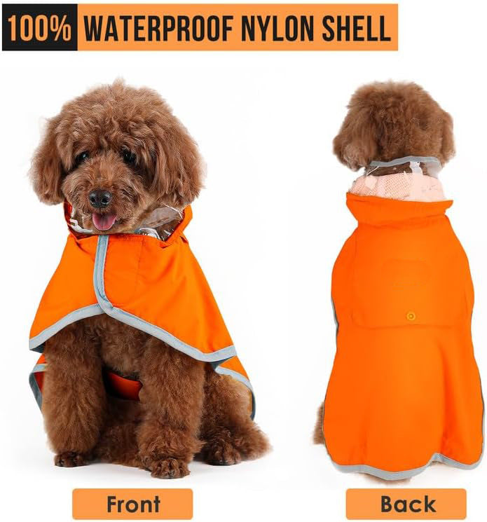 Orange dog rain jacket shown from front and back with hood and clear panel