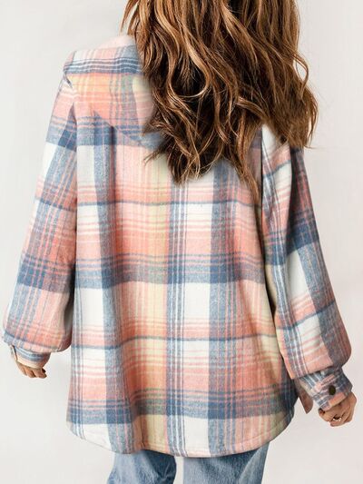 Pastel plaid hooded snap jacket with long sleeves and button front