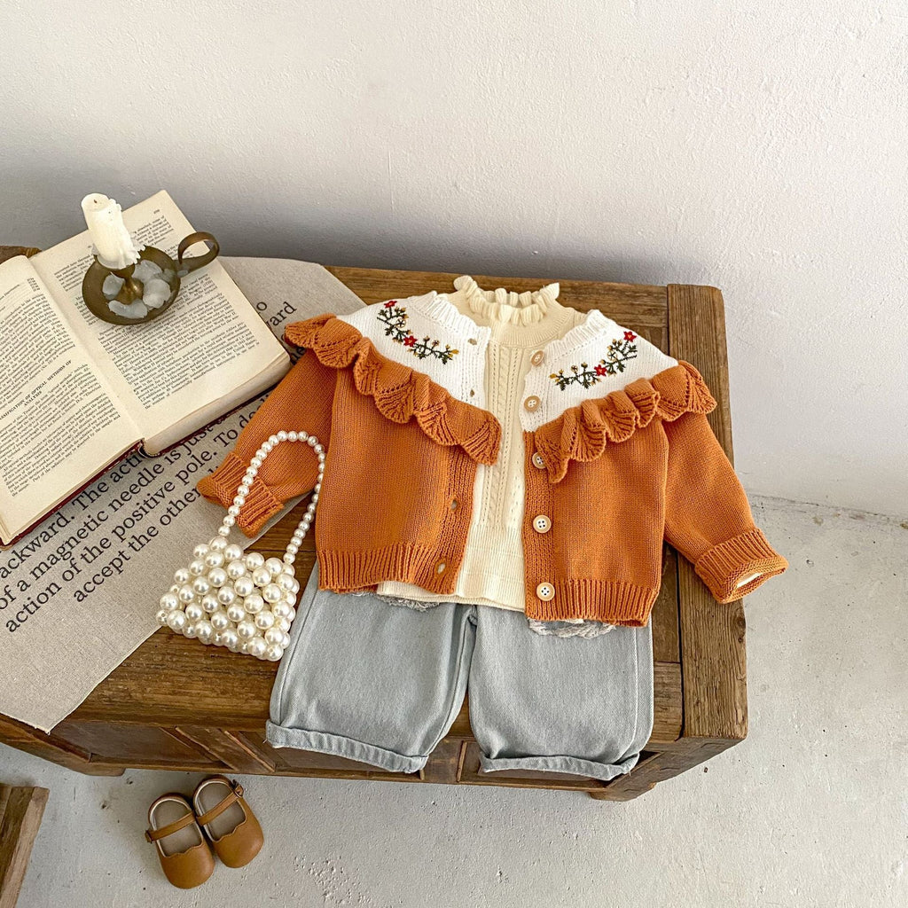 Camel knitted baby cardigan with ruffled lace collar, floral embroidery, long sleeves