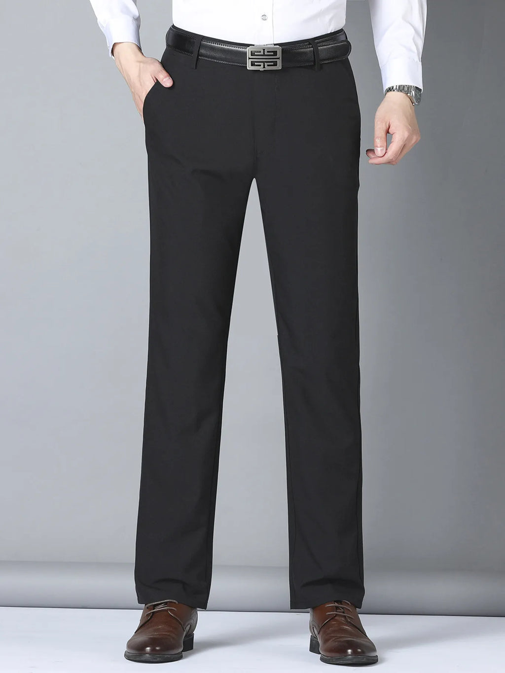 Men's slim fit casual pants, black front view with belt loops
