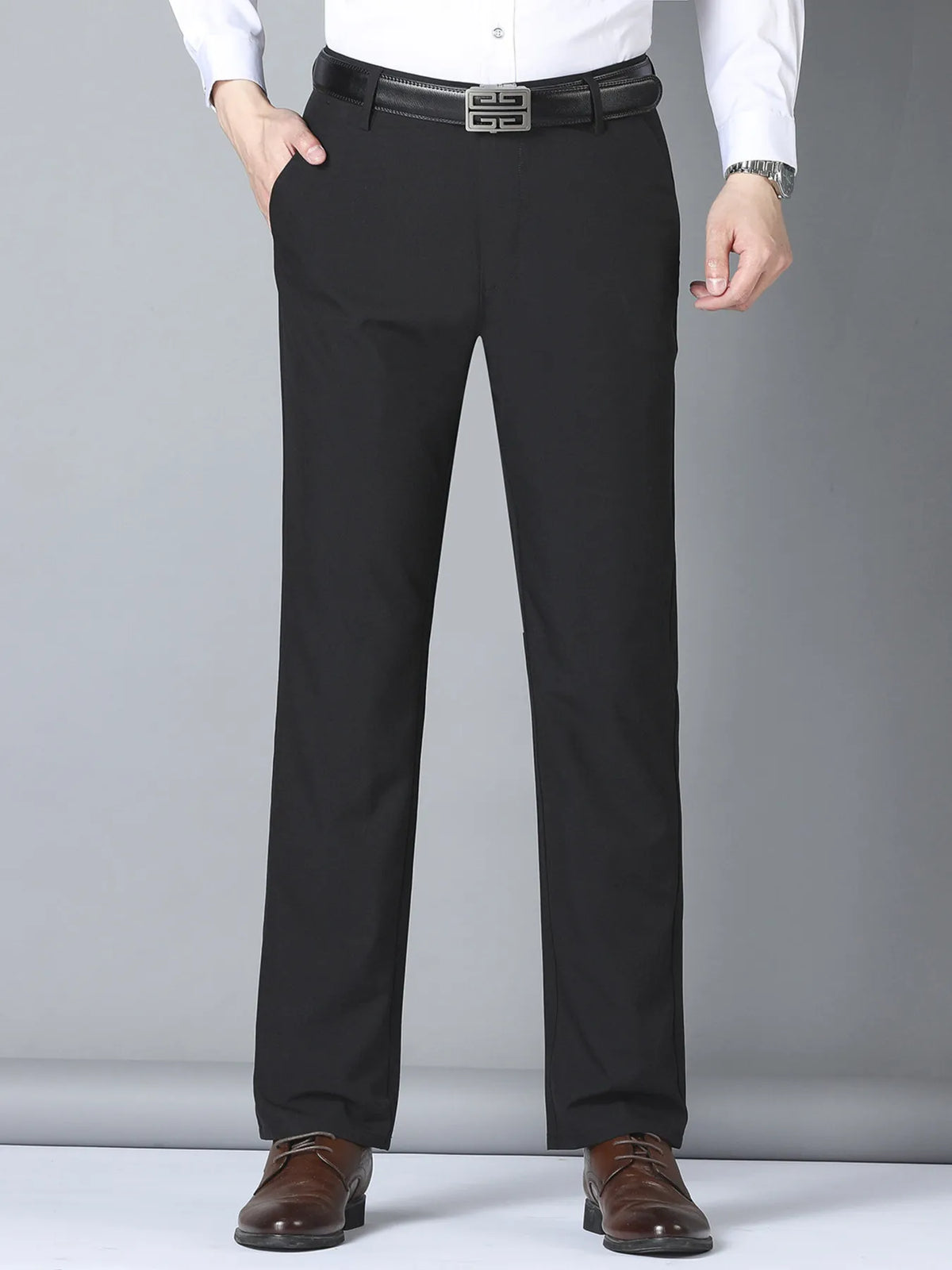 Men's slim fit casual pants, black front view with belt loops