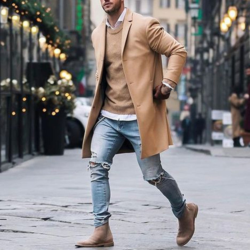 Men's tan long overcoat with notch lapels and button front, worn open