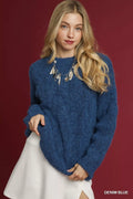 Denim blue cable knit crewneck sweater with long sleeves