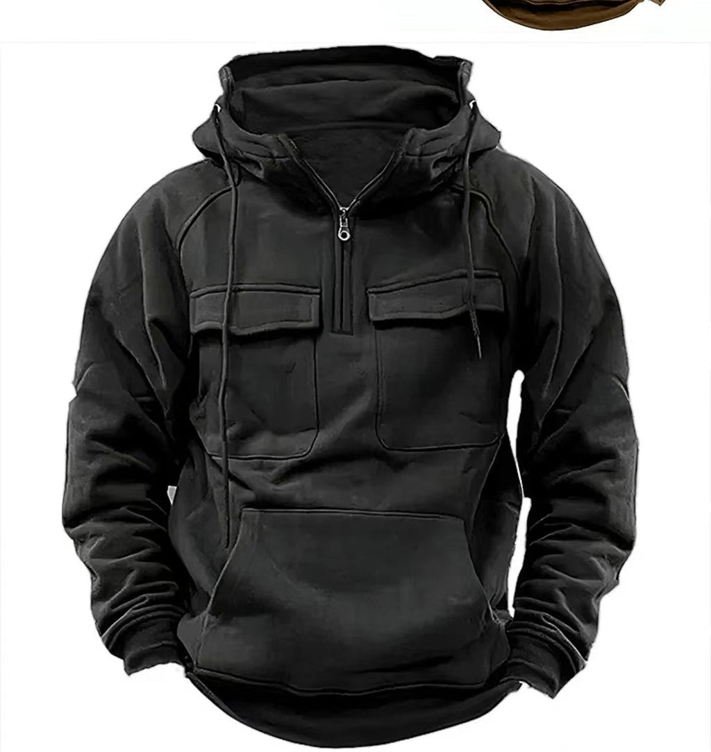 Men’s black zip-up hoodie with drawstring hood, kangaroo pocket, half-zip front and flap pockets