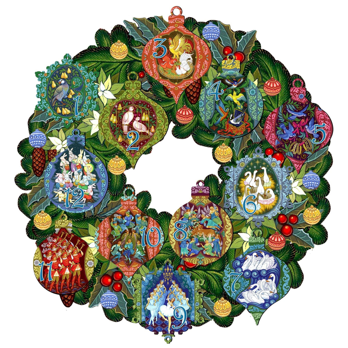 12 Days of Christmas door wreath featuring colorful numbered ornaments and green leaves