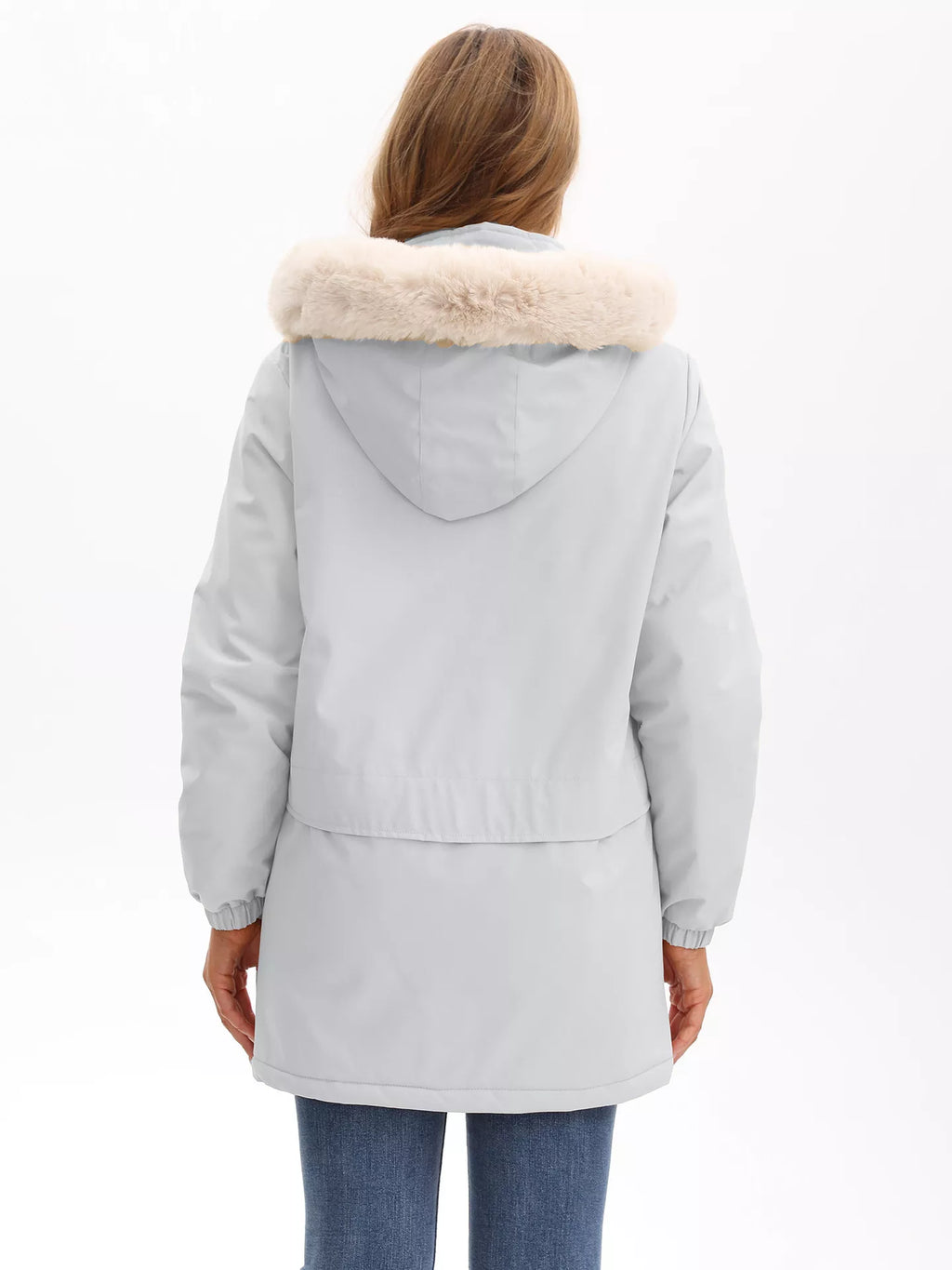 Light gray fur-trimmed hooded parka back view with long sleeves and side seam pockets