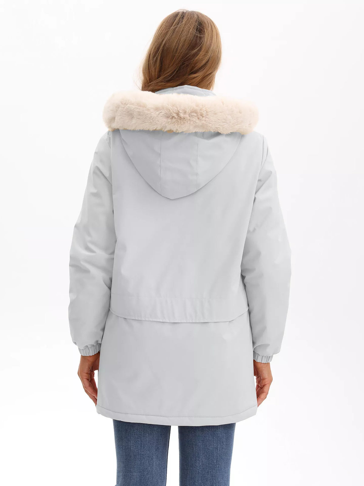 Light gray fur-trimmed hooded parka back view with long sleeves and side seam pockets