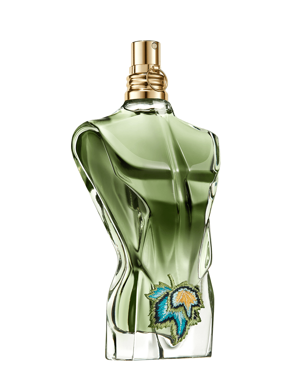 Green glass fragrance bottle with gold cap and star emblem on front
