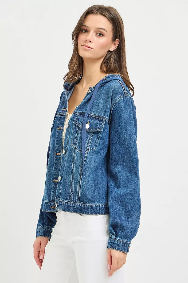 Hooded medium-blue denim jacket with flap chest pockets and button-front