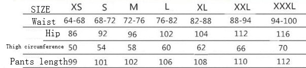 Ski suit size chart showing waist, hip, thigh circumference, and pant length (XS–XXXL).